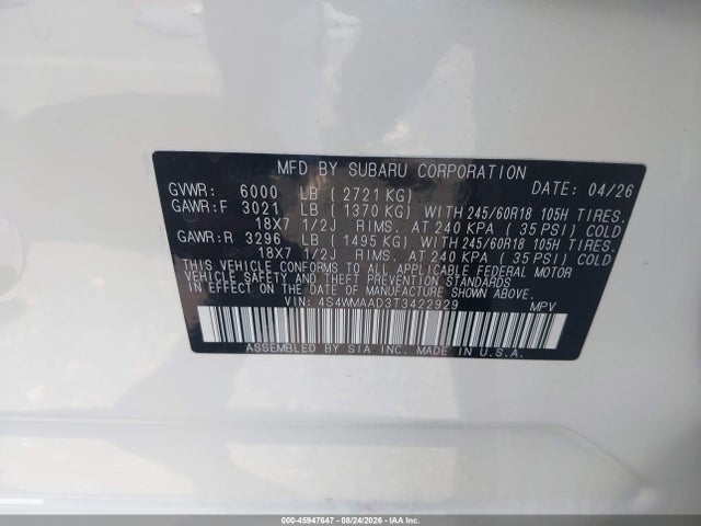Aukcja sprzedaży 2026 Subaru Ascent Premium 8-passenger, vin: 4S4WMAAD3T3422929, numer aukcji: 45947647