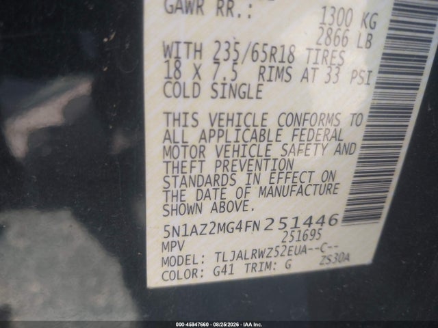 Nissan MURANO SL 2015 5N1AZ2MG4FN251446 Image 9