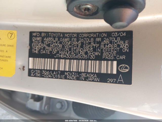 2004 Lexus Es 330 მანქანა იყიდება აუქციონზე, vin: JTHBA30G545035130, აუქციონის ნომერი: 45947666