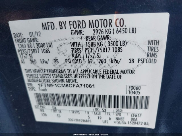 Aukcja sprzedaży 2012 Ford F-150 Xl, vin: 1FTMF1CM8CFA71081, numer aukcji: 45947694