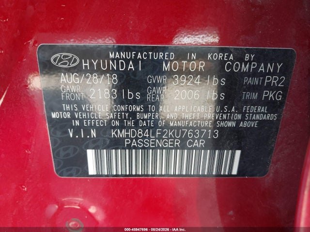 Aukcja sprzedaży 2019 Hyundai Elantra Value Edition, vin: KMHD84LF2KU763713, numer aukcji: 45947696