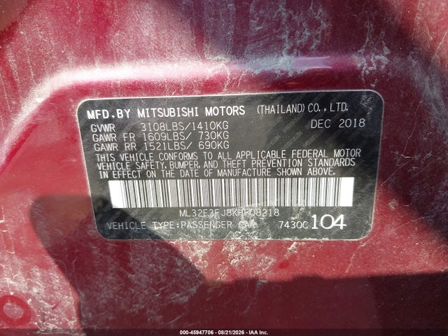 45947706 :رقم المزاد ، ML32F3FJ8KHF08218 vin ، 2019 Mitsubishi Mirage G4 Es مزاد بيع