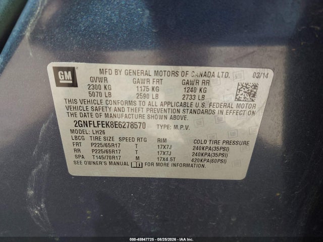 Продажа на аукционе авто 2014 Chevrolet Equinox Lt, vin: 2GNFLFEK8E6278570, номер лота: 45947725
