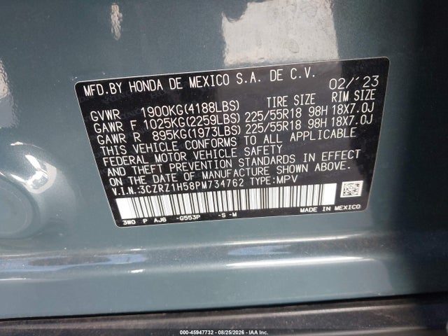 Aukcja sprzedaży 2023 Honda Hr-v 2wd Sport, vin: 3CZRZ1H58PM734762, numer aukcji: 45947732