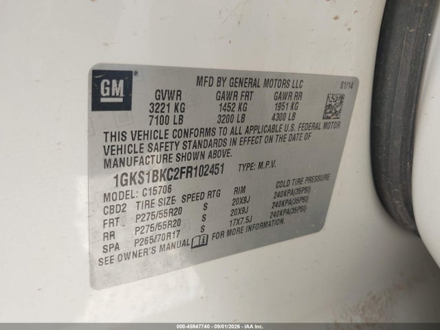 Продажа на аукционе авто 2015 Gmc Yukon Slt, vin: 1GKS1BKC2FR102451, номер лота: 45947740