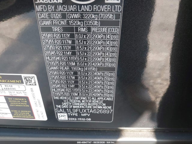 2026 Land Rover Range Rover Sport P400 Dynamic Se მანქანა იყიდება აუქციონზე, vin: SAL1L9FUXTA626897, აუქციონის ნომერი: 45947747