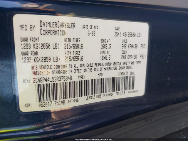 Aukcja sprzedaży 2003 Chrysler Town & Country Lx, vin: 2C4GP44L53R375348, numer aukcji: 45947755