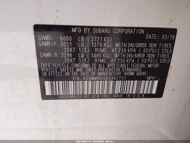 45947770 :رقم المزاد ، 4S4WMARD2K3462731 vin ، 2019 Subaru Ascent Touring مزاد بيع