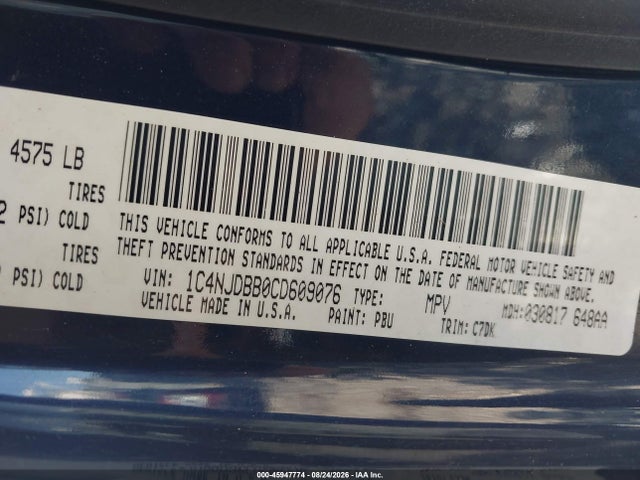 45947774 :رقم المزاد ، 1C4NJDBB0CD609076 vin ، 2012 Jeep Compass Sport مزاد بيع