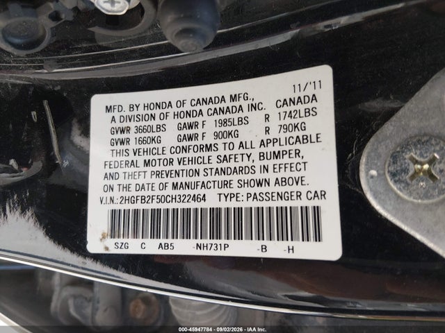 2012 Honda Civic Lx მანქანა იყიდება აუქციონზე, vin: 2HGFB2F50CH322464, აუქციონის ნომერი: 45947784