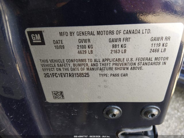 45947787 :رقم المزاد ، 2G1FC1EV7A9158525 vin ، 2010 Chevrolet Camaro 2lt مزاد بيع