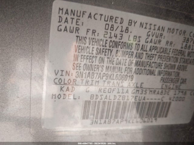 45947793 :رقم المزاد ، 3N1AB7AP9KL606019 vin ، 2019 Nissan Sentra Sv مزاد بيع