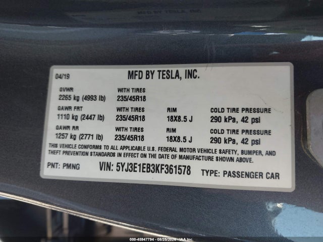 Продаж на аукціоні авто 2019 Tesla Model 3 Long Range/performance, vin: 5YJ3E1EB3KF361578, номер лоту: 45947794