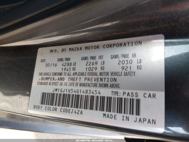 45947799 :رقم المزاد ، JM1GJ1V54G1483454 vin ، 2016 Mazda Mazda6 I Touring مزاد بيع