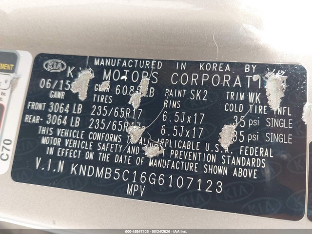 45947805 :رقم المزاد ، KNDMB5C16G6107123 vin ، 2016 Kia Sedona Lx مزاد بيع