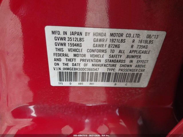 2013 Honda Fit მანქანა იყიდება აუქციონზე, vin: JHMGE8H30DC066547, აუქციონის ნომერი: 45947810