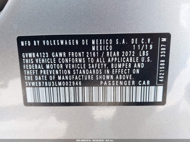 2020 Volkswagen Jetta 1.4t Sel მანქანა იყიდება აუქციონზე, vin: 3VWEB7BU3LM002946, აუქციონის ნომერი: 45947816