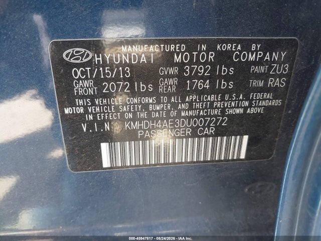 Aukcja sprzedaży 2013 Hyundai Elantra Gls, vin: KMHDH4AE3DU007272, numer aukcji: 45947817