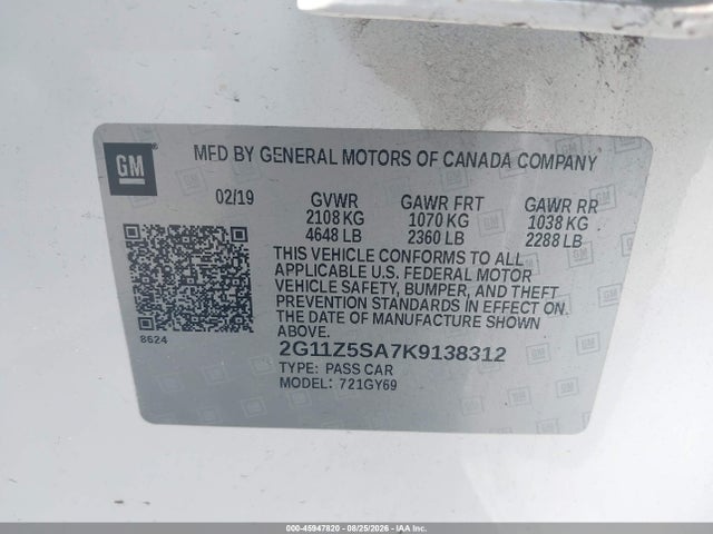 2019 Chevrolet Impala Lt მანქანა იყიდება აუქციონზე, vin: 2G11Z5SA7K9138312, აუქციონის ნომერი: 45947820