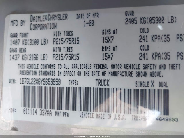 Aukcja sprzedaży 2000 Dodge Dakota Slt/sport, vin: 1B7GL22X6YS653959, numer aukcji: 45947821