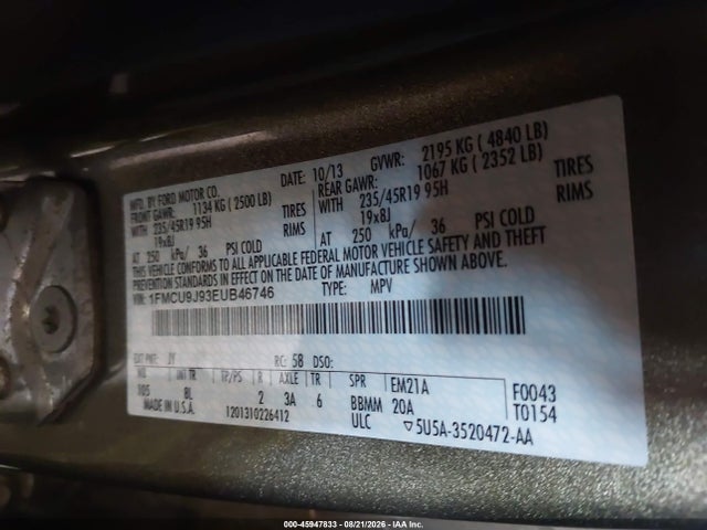 45947833 :رقم المزاد ، 1FMCU9J93EUB46746 vin ، 2014 Ford Escape Titanium مزاد بيع