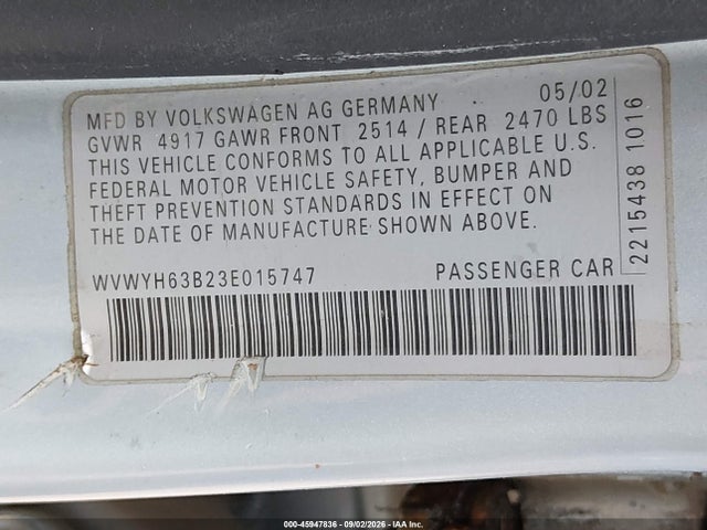 45947836 :رقم المزاد ، WVWYH63B23E015747 vin ، 2003 Volkswagen Passat Glx مزاد بيع