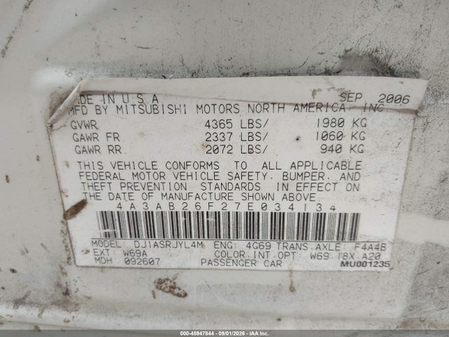 45947844 :رقم المزاد ، 4A3AB26F27E034134 vin ، 2007 Mitsubishi Galant De مزاد بيع