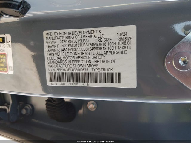 Продаж на аукціоні авто 2025 Honda Ridgeline Sport, vin: 5FPYK3F14SB009875, номер лоту: 45947846