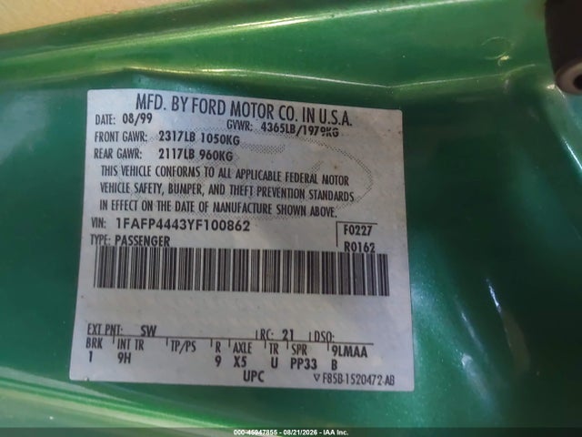 Продажа на аукционе авто 2000 Ford Mustang, vin: 1FAFP4443YF100862, номер лота: 45947855