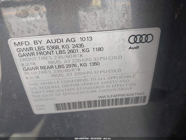 Продаж на аукціоні авто 2014 Audi Q5 2.0t Premium, vin: WA1LFAFP8EA047343, номер лоту: 45947869