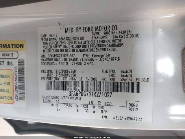 45947870 :رقم المزاد ، 3FA6P0G72JR271027 vin ، 2018 Ford Fusion S مزاد بيع