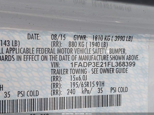 1FADP3E21FL368399 Ford FOCUS S