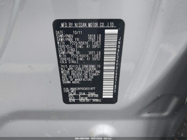 Aukcja sprzedaży 2012 Nissan Quest S, vin: JN8AE2KP0C9031877, numer aukcji: 45947899