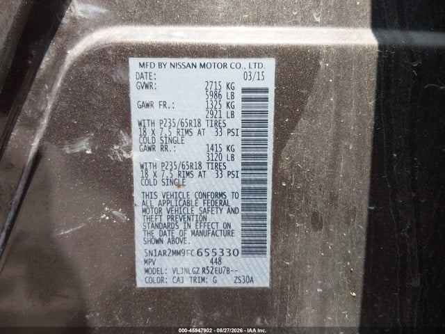 Продаж на аукціоні авто 2015 Nissan Pathfinder Sl, vin: 5N1AR2MM9FC655330, номер лоту: 45947902