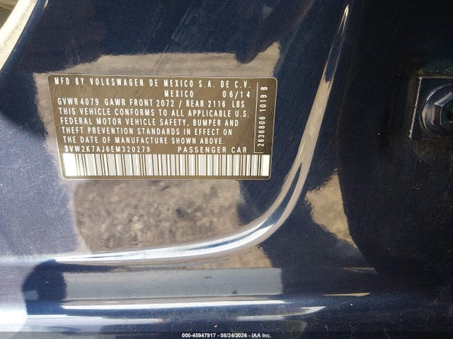 2014 Volkswagen Jetta 2.0l S მანქანა იყიდება აუქციონზე, vin: 3VW2K7AJ6EM320279, აუქციონის ნომერი: 45947917