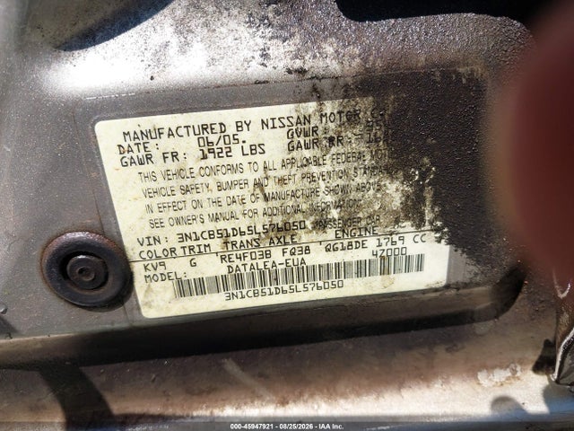45947921 :رقم المزاد ، 3N1CB51D65L576050 vin ، 2005 Nissan Sentra 1.8s مزاد بيع