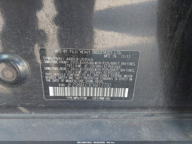 Aukcja sprzedaży 2012 Subaru Forester 2.5x Limited, vin: JF2SHAEC3CH417792, numer aukcji: 45947930