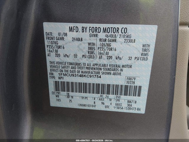 2008 Ford Escape Xlt მანქანა იყიდება აუქციონზე, vin: 1FMCU93148KC91754, აუქციონის ნომერი: 45947931