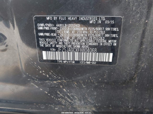 Aukcja sprzedaży 2015 Subaru Forester 2.5i Premium, vin: JF2SJAGCXFH804068, numer aukcji: 45947938
