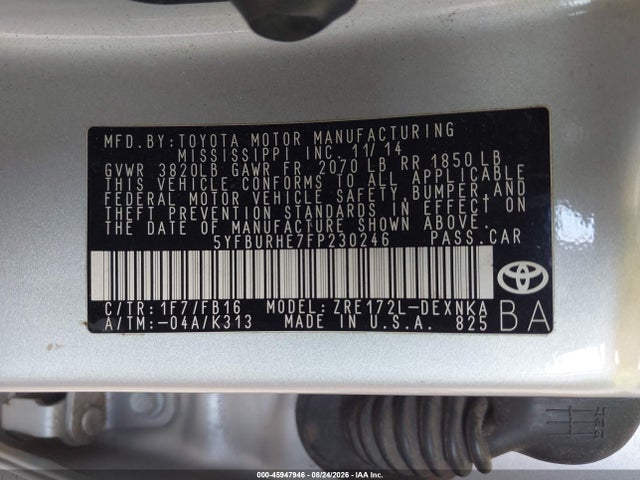 Продажа на аукционе авто 2015 Toyota Corolla Le, vin: 5YFBURHE7FP230246, номер лота: 45947946