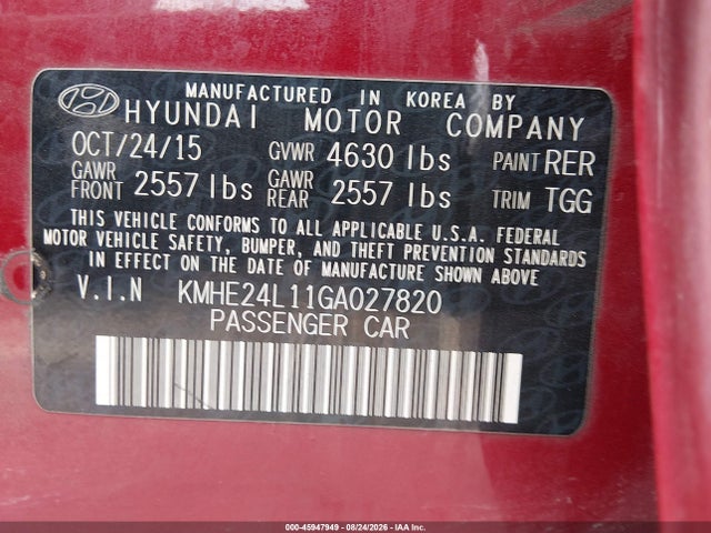 Aukcja sprzedaży 2016 Hyundai Sonata Hybrid Se, vin: KMHE24L11GA027820, numer aukcji: 45947949