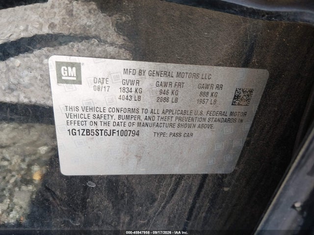 Aukcja sprzedaży 2018 Chevrolet Malibu 1ls, vin: 1G1ZB5ST6JF100794, numer aukcji: 45947958