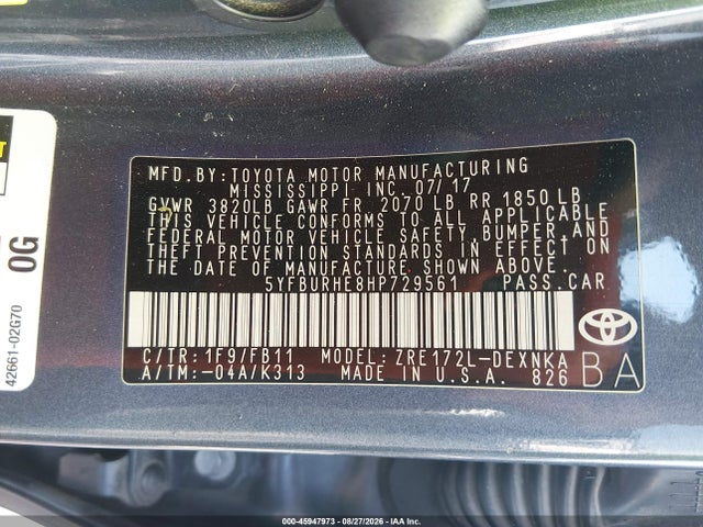 45947973 :رقم المزاد ، 5YFBURHE8HP729561 vin ، 2017 Toyota Corolla Le مزاد بيع