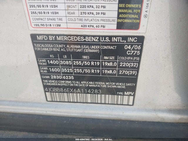45947992 :رقم المزاد ، 4JGBB86EX6A114283 vin ، 2006 Mercedes-benz Ml 350 4matic مزاد بيع