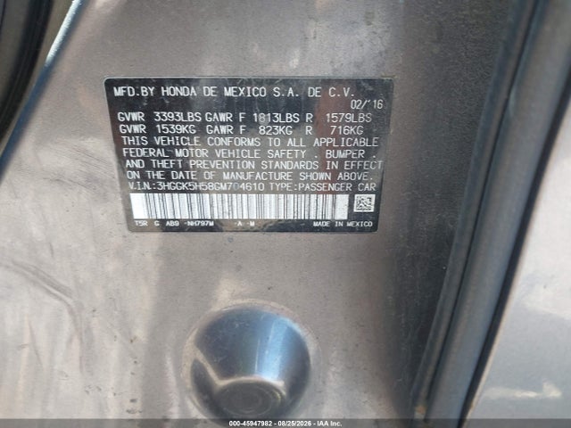 2016 Honda Fit Lx მანქანა იყიდება აუქციონზე, vin: 3HGGK5H58GM704610, აუქციონის ნომერი: 45947982
