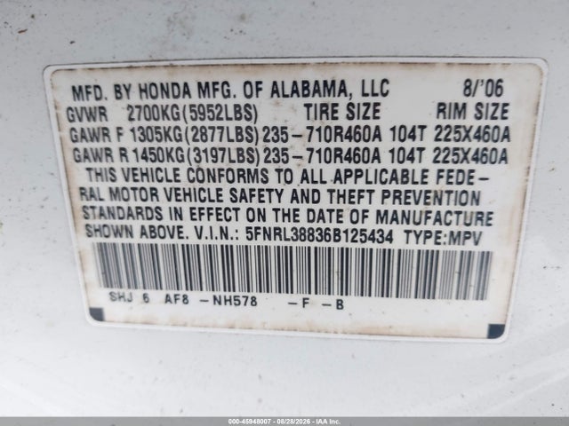 Aukcja sprzedaży 2006 Honda Odyssey Touring, vin: 5FNRL38836B125434, numer aukcji: 45948007