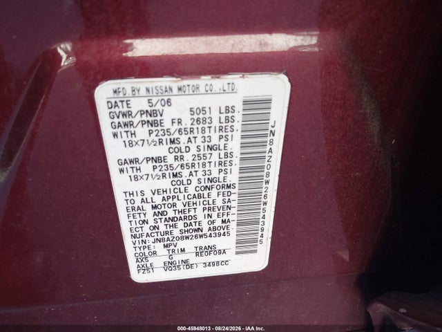2006 Nissan Murano S მანქანა იყიდება აუქციონზე, vin: JN8AZ08W26W543945, აუქციონის ნომერი: 45948013