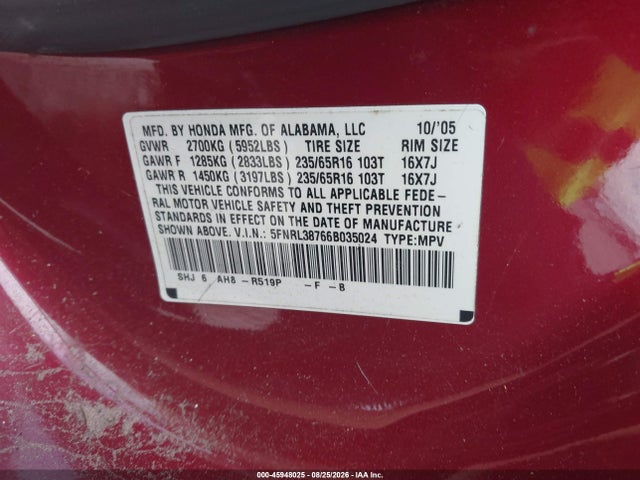 Продажа на аукционе авто 2006 Honda Odyssey Ex-l, vin: 5FNRL38766B035024, номер лота: 45948025