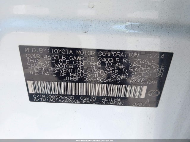 Aukcja sprzedaży 2015 Lexus Is 250, vin: JTHBF1D26F5064210, numer aukcji: 45948050