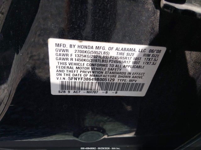 Продаж на аукціоні авто 2009 Honda Pilot Ex-l, vin: 5FNYF38649B005129, номер лоту: 45948062
